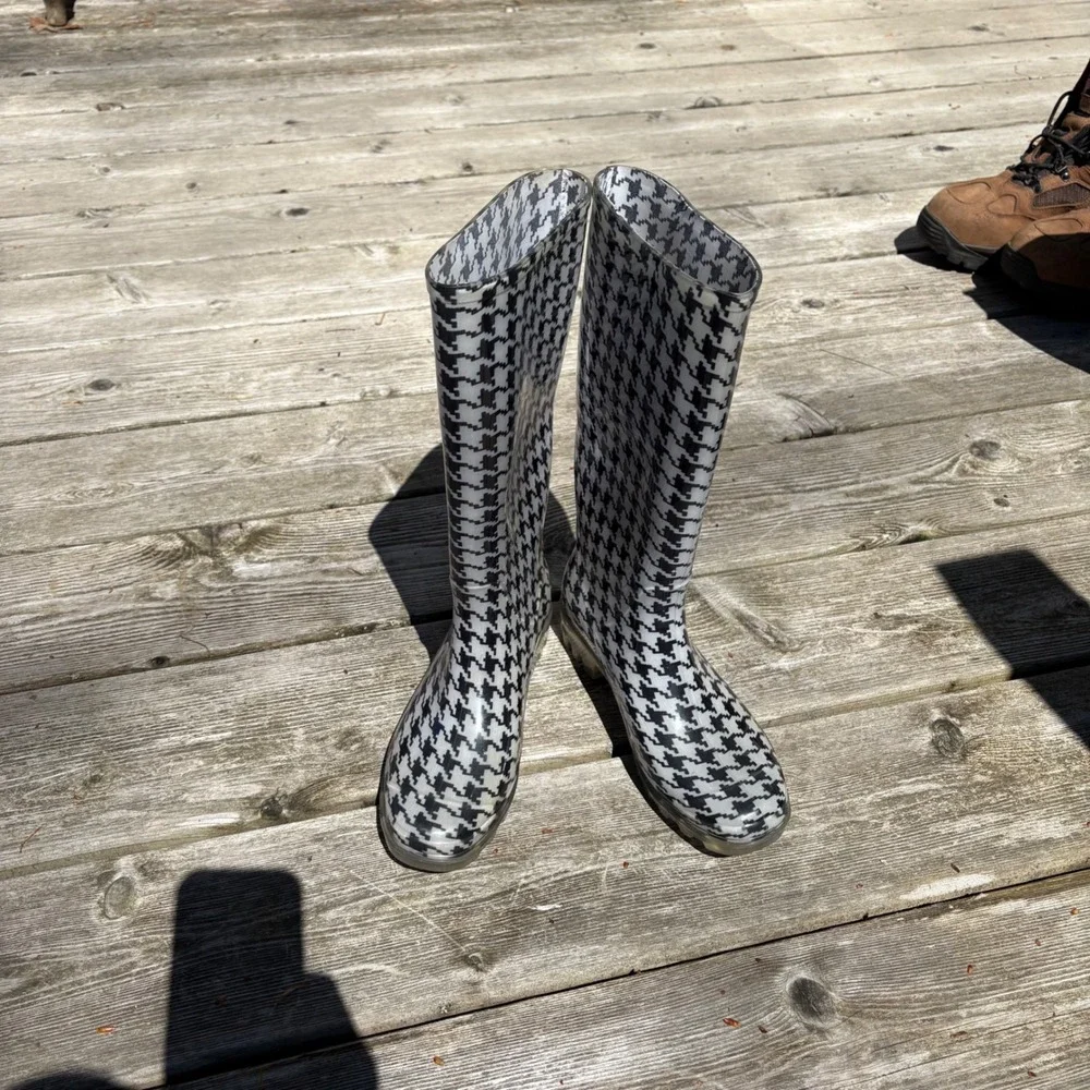Easy USA Houndstooth Rain Boots Black White Tall Rubber Waterproof Size 5‎